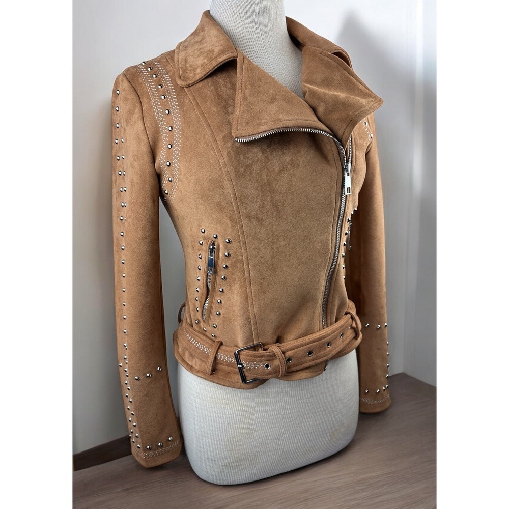 BKE Faux Suede Studded Stretch Asymmetrical Zip Moto Jacket Chestnut Brown Small - Picture 2 of 14